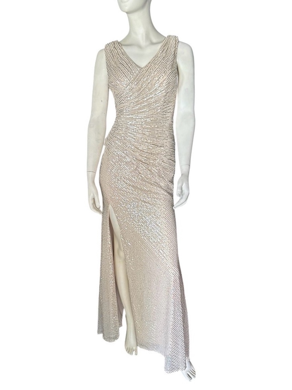 Wenkafo Double V-Neck Fit Mermaid Sleeveless Sequined Formal Champagne Sz 6 NWT
